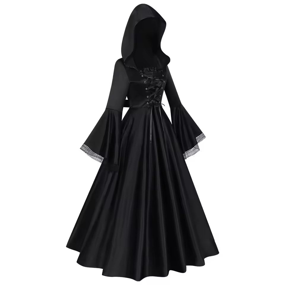 2025 New European and American style women's dress with hood, medieval black costume, wide skirt, retro long dress for women.