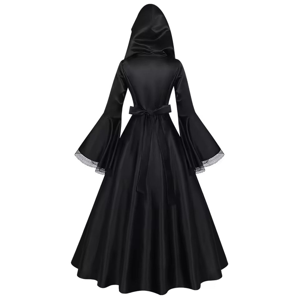 2025 New European and American style women's dress with hood, medieval black costume, wide skirt, retro long dress for women.