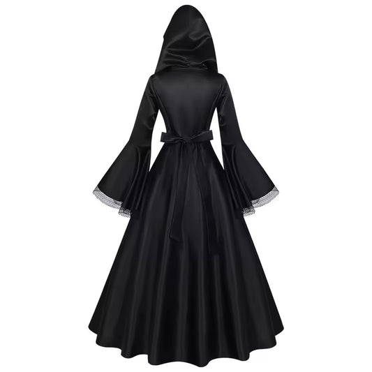 2025 New European and American style women's dress with hood, medieval black costume, wide skirt, retro long dress for women.