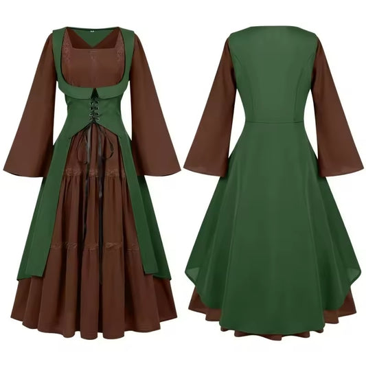 European and American Women's Trumpet Sleeve Dress Square Collar Lace Long Skirt Suit Victoria Era Dress Bottom Bust Pirate Low