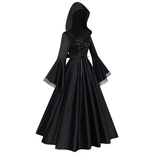 2025 New European and American style women's dress with hood, medieval black costume, wide skirt, retro long dress for women.