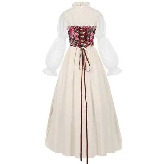 Renaissance Dresses, Women's Medieval Costumes, Summer Vintage Elegant Short Sleeve O-Neck Pocket